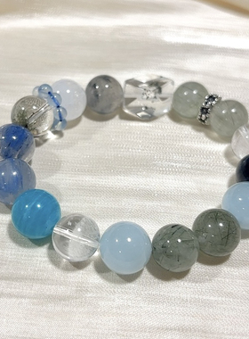 天然绿幽灵水晶手链海蓝宝蓝晶石绿发晶白幽灵原创水晶手串