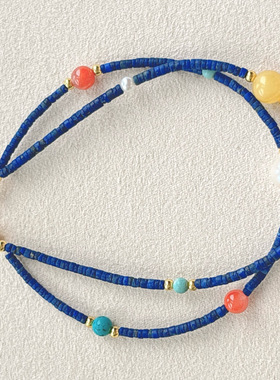 天然青金石南红蜜蜡绿松石两圈手链复古毛衣链礼物