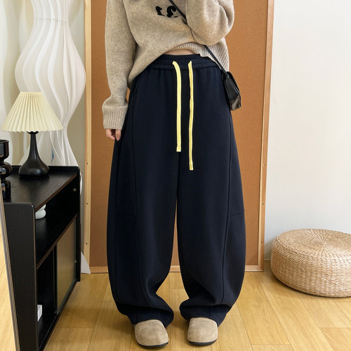 奥粒绒加厚保暖高腰阔腿香蕉裤冬季休闲百搭垂坠感加长弯刀卫裤女 - 图2