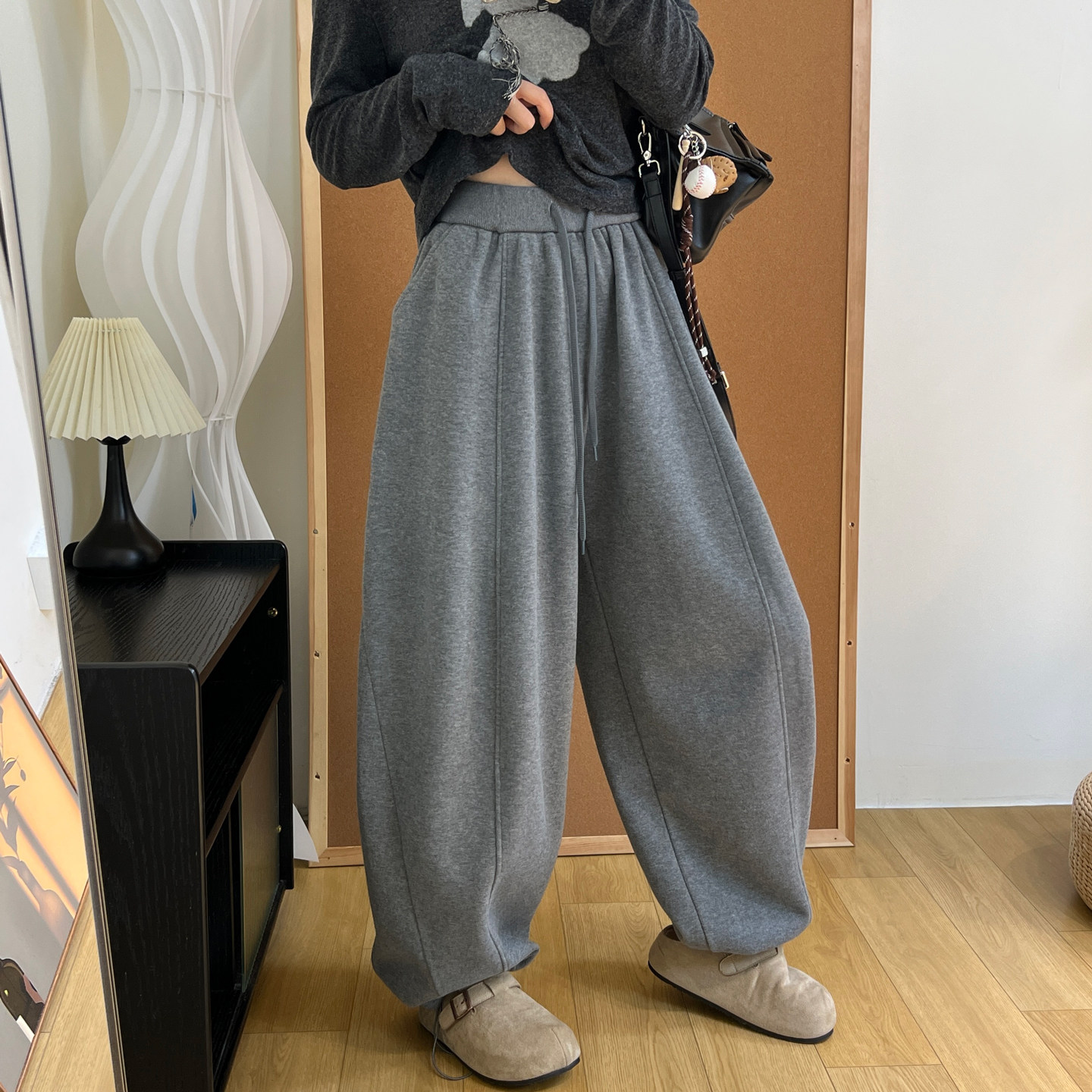 宽松大裤腿加绒气球裤子女冬季加厚保暖抽绳阔腿两穿束脚香蕉卫裤,淘宝优惠券,粉丝福利购,淘宝优惠卷