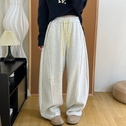 奥粒绒加厚保暖高腰阔腿香蕉裤冬季休闲百搭垂坠感加长弯刀卫裤女 - 图0