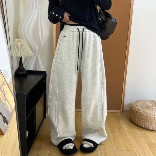 加绒加厚运动卫裤女冬季韩版个性刺绣阔腿束脚两穿高腰撞色镰刀裤 - 图2