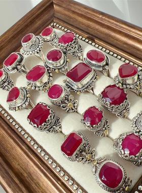 红宝石925纯银手工镶嵌戒指复古