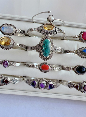 复古风925银镶嵌宝石纯手工手镯