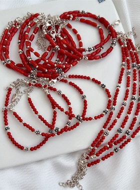 天然红宝石925银手链新品复古风