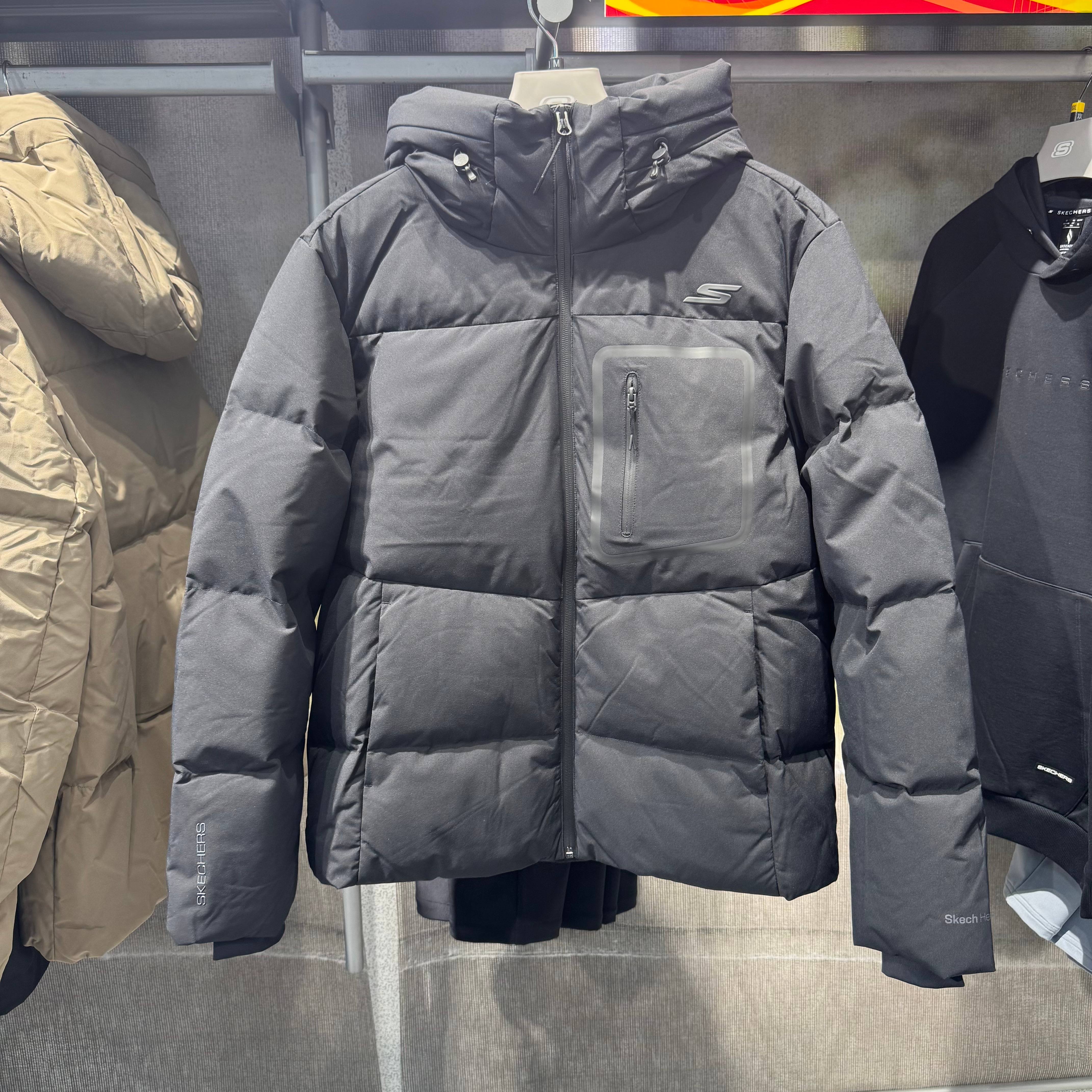 斯凯奇男装2025冬季舒适运动梭织防沾水石墨烯连帽羽绒服P425M034 - 图0