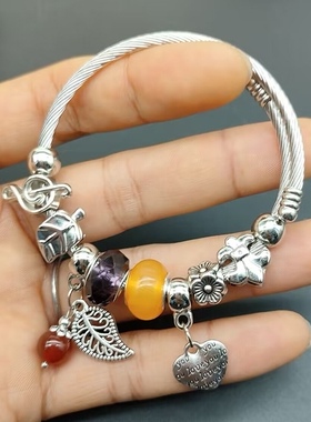 韩版DIY串珠手镯镀银复古合金水晶多元素手镯开口女手环混批