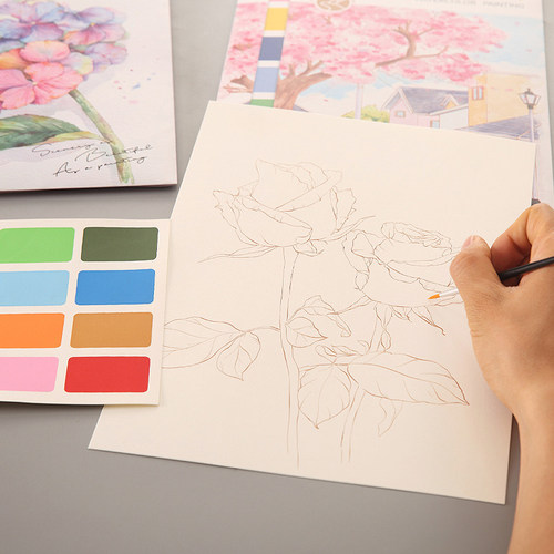 水彩涂色本成人解压图画本涂鸦绘画本自带颜料儿童填色水彩纸线稿 - 图0