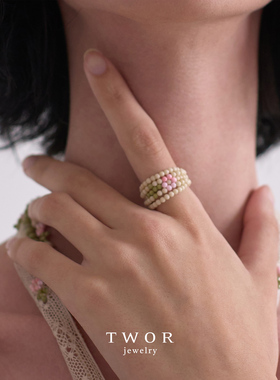 碎花多层戒指女手工串珠小众撞色