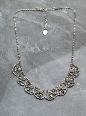 铜镀银色女满镶水钻项链锁骨链