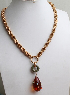 新款中古金色水滴镶彩钻项链