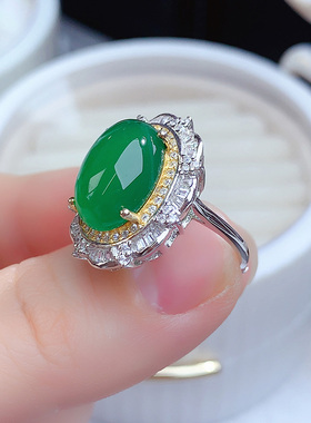 925纯银镶嵌天然绿玉髓戒指食指