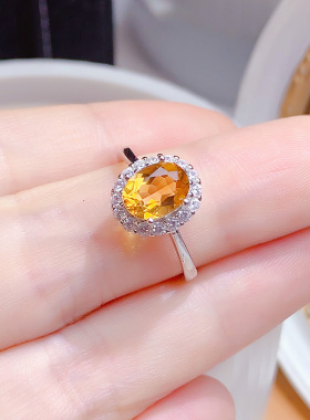 纯银镶嵌天然黄水晶戒指开口戒女