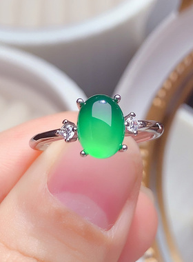 纯银镶嵌天然冰种绿玉髓戒指女