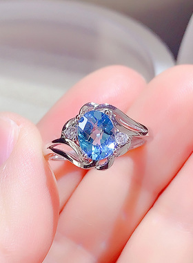 天然瑞士蓝托帕石戒指纯银镶嵌