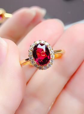 碎钻韩版天然红色石榴石戒指女