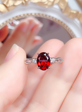 纯银镶嵌天然石榴石戒指女开口戒