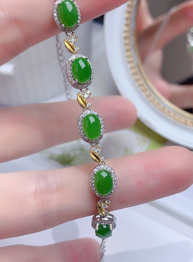 925纯银镶嵌天然和田碧玉手链女