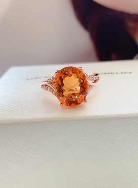 纯银镶嵌芬达色天然黄水晶戒指