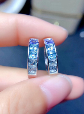 天然渐变天空瑞士蓝托帕石耳扣耳夹925纯银镶嵌宝石女款简约银饰