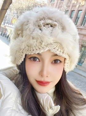 布塔秋冬季包头帽皮草帽真毛兔毛绒镂空百搭保暖防寒针织毛毛帽子