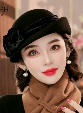 布塔秋冬季纯羊毛贝雷帽女士时尚百搭复古画家南瓜画家帽子PT1438