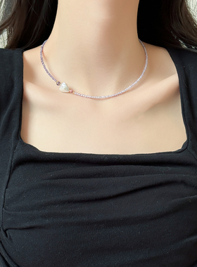 水晶串珠巴洛克珍珠爱心项链女