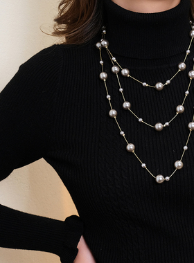 韩国多层珍珠毛衣链简约