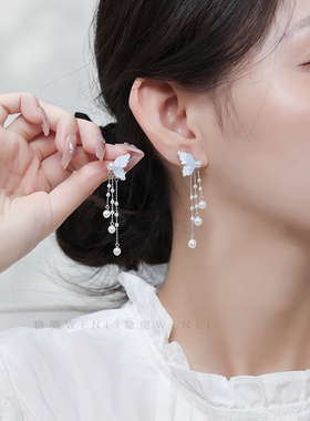 925银针渐变蓝色水晶蝴蝶耳环女