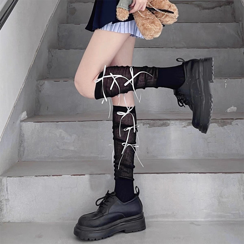 白色小腿袜子女夏季薄款芭蕾风蝴蝶结堆堆袜拼接灰色长袜配小皮鞋,淘宝优惠券,粉丝福利购,淘宝优惠卷