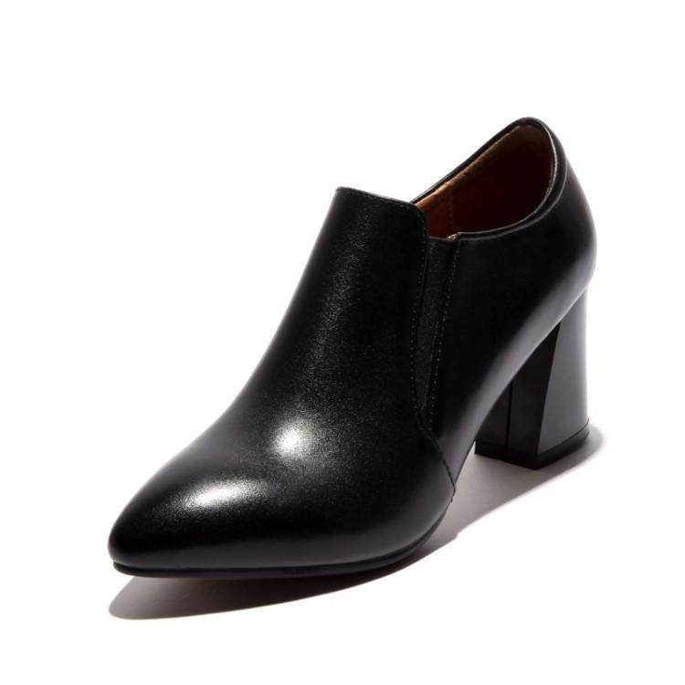 33新款尖头粗跟单鞋牛皮工鞋高跟罐罐鞋41松紧口皮鞋42大码43女鞋,淘宝优惠券,粉丝福利购,淘宝优惠卷