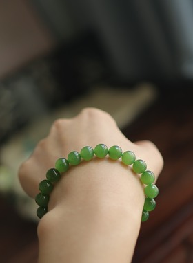 天然和田玉冰阳绿圆珠单圈手饰