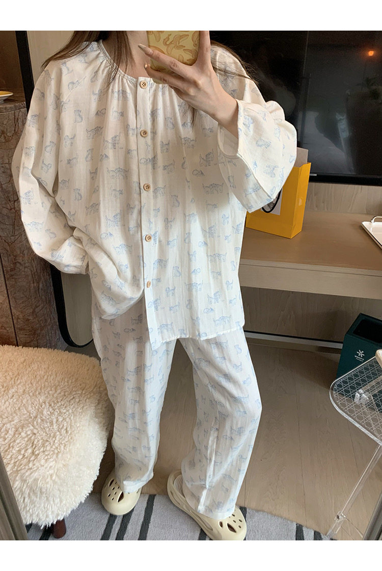 韩版双层婴儿棉纱卡通动物睡衣柔软亲肤素描猫咪纱布家居服套装,淘宝优惠券,粉丝福利购,淘宝优惠卷