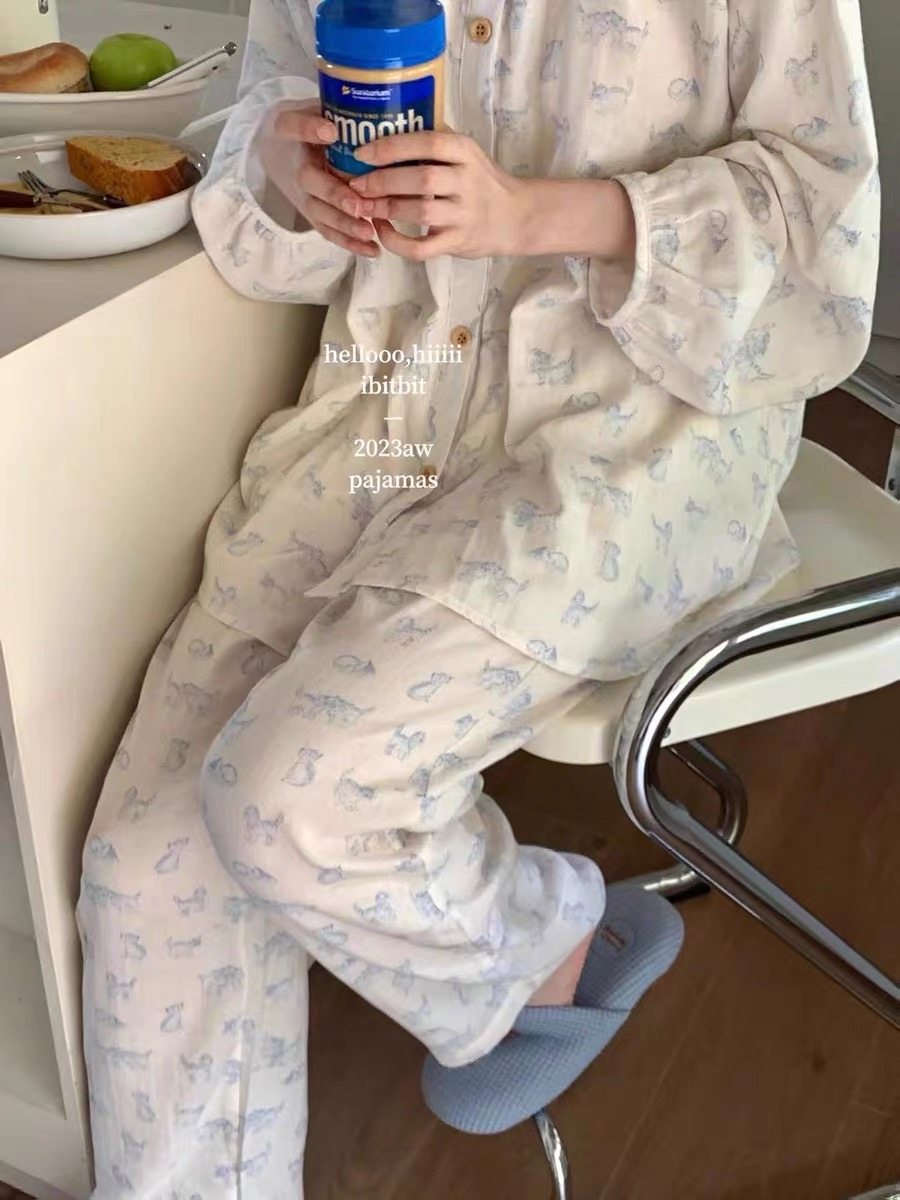 韩版双层婴儿棉纱卡通动物睡衣柔软亲肤素描猫咪纱布家居服套装,淘宝优惠券,粉丝福利购,淘宝优惠卷