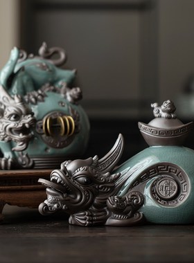 速发创意招财貔貅摆件陶瓷哥窑皮丘家居客厅玄关办公室茶桌装