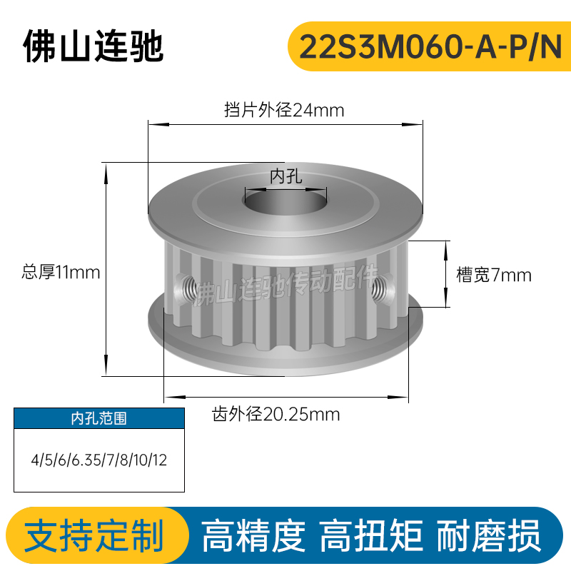 同步轮 S3M22齿 槽宽7 AF型 两面平同步带轮HTPA22S3M060-A-P4-10 - 图0