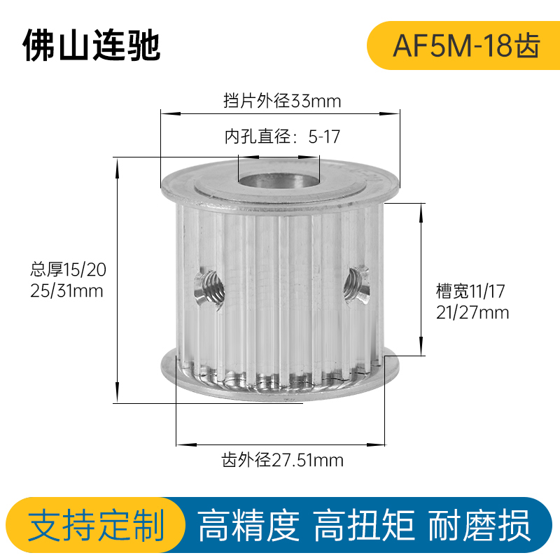 同步轮 同步带皮带轮 铝合金 5M18齿 AF型内孔6/6.35/8/10/12/15 - 图0