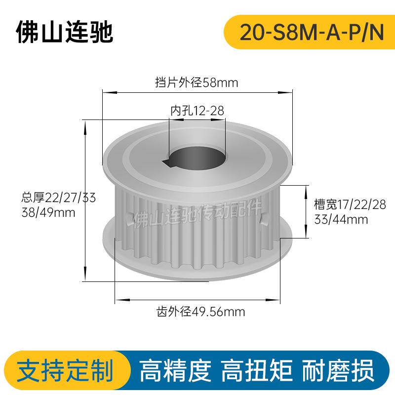 S8M20齿两面平同步轮AF型高扭矩同步皮带轮20S8M150-A-N12-35-图0