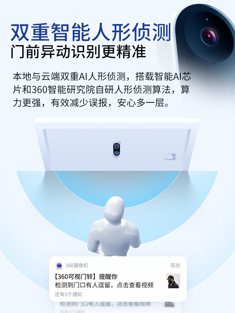 360可视门铃5Pro 家用电子猫眼智能监控无线手机远程WiFi免打孔安装摄像头防盗门镜