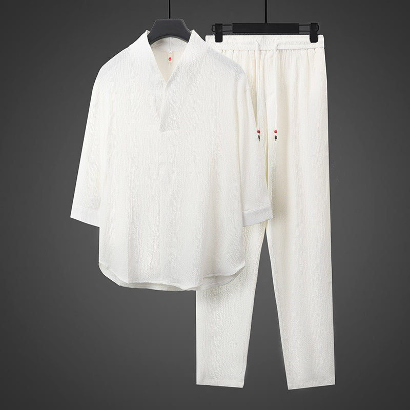 民族风夏季薄款七分袖休闲冰丝套装男两件套青年宽松中袖T恤休闲,淘宝优惠券,粉丝福利购,淘宝优惠卷