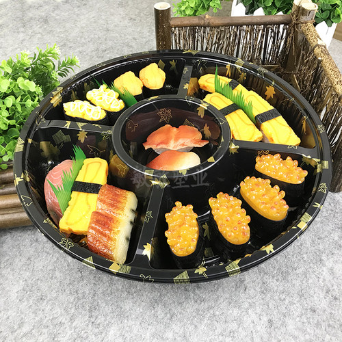 圆盘分格寿司打包盒五格四格六格水果沙拉圆形一次性带格寿司拼盘 - 图2