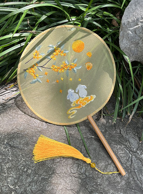 苏州团扇双面绣花儿童舞蹈扇子古风兔子刺绣扇女中式成人旗袍拍照