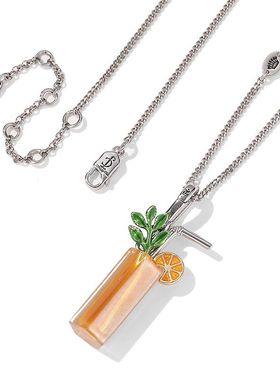 新款立体个性珐琅彩釉橙汁吸管柠檬杯子吊坠潮流设计感钥匙扣项链