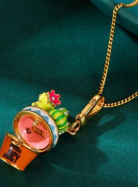 秋冬时尚珐琅可打开仙人掌花盆吊坠项链女小众百搭毛衣链配饰品