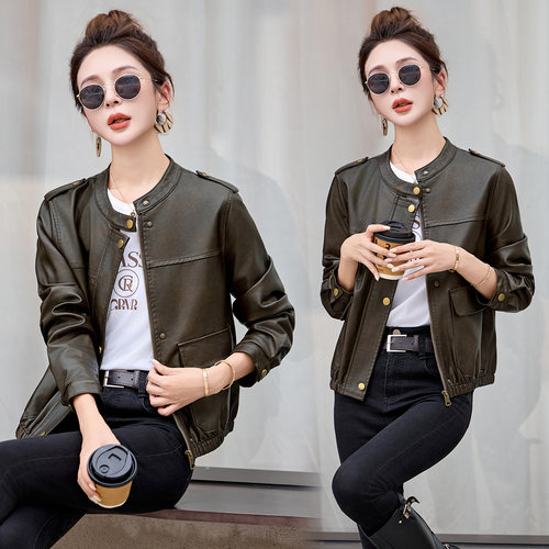 新品现货 时髦百搭皮衣女短款修身皮夹克 - 图0