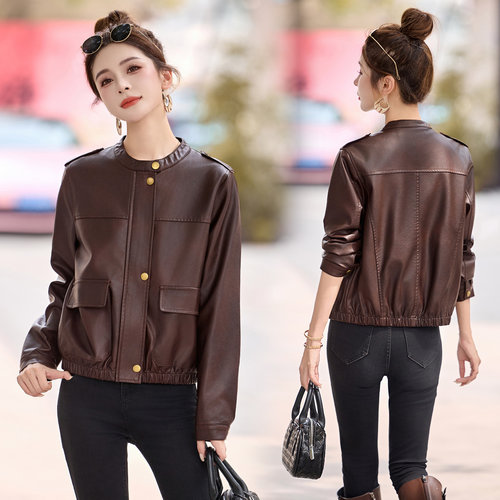 新品现货 时髦百搭皮衣女短款修身皮夹克 - 图2