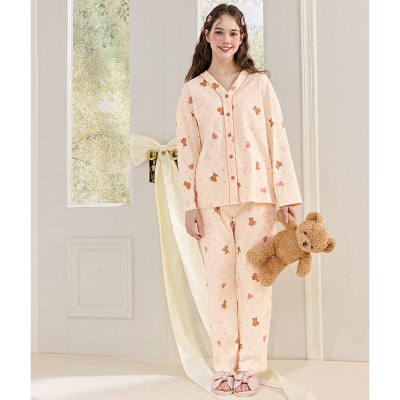 芬腾新款春秋季女士睡衣纯棉长袖卡通开衫V领宽松全棉家居服套装,淘宝优惠券,粉丝福利购,淘宝优惠卷