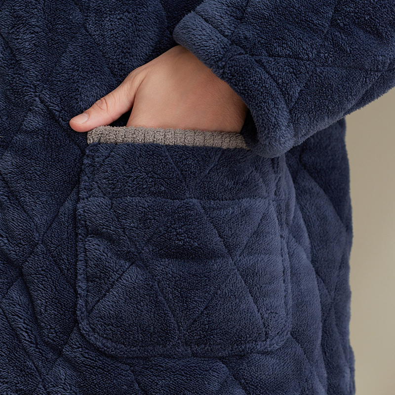 芬腾冬季男士睡衣珊瑚绒夹棉袄三层加厚加绒保暖法兰绒家居服套装 - 图2