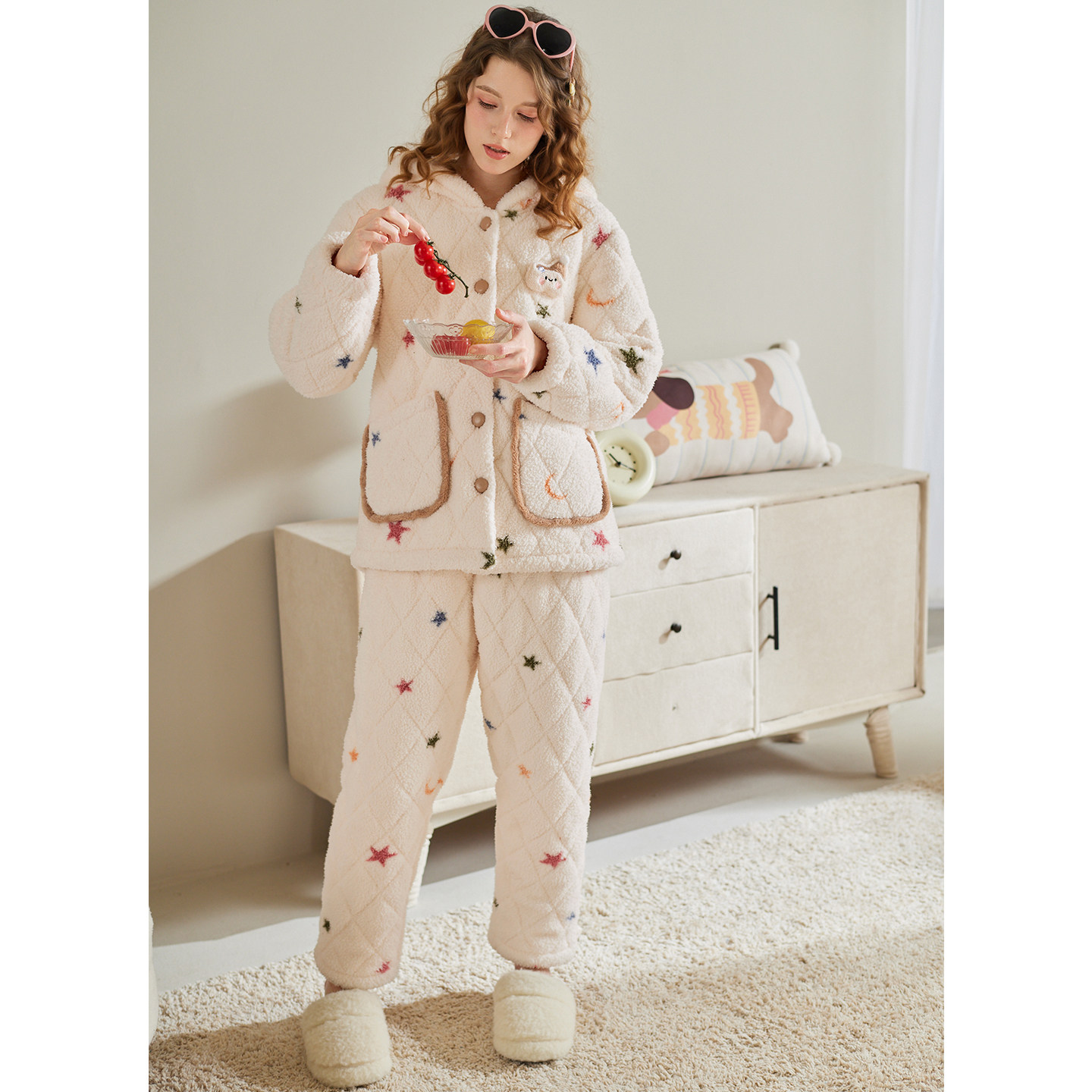 芬腾女士冬季三层加厚夹棉珊瑚绒连帽睡衣加绒法兰绒抗静电家居服,淘宝优惠券,粉丝福利购,淘宝优惠卷