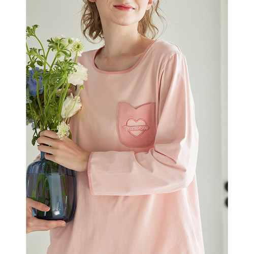 芬腾长袖睡衣女士套头圆领春秋季纯棉韩版清新全棉大码家居服套装 - 图1
